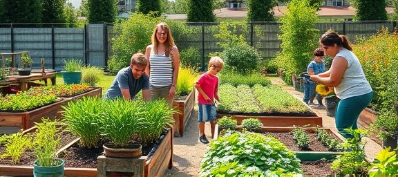Community garden, cheerful, family cleaning garden beds, photorealistic, mix of vegetables, herbs, and tools, highly detailed, kids playing in the background, fresh greens, bright midday sun, shot with a 28mm lens.