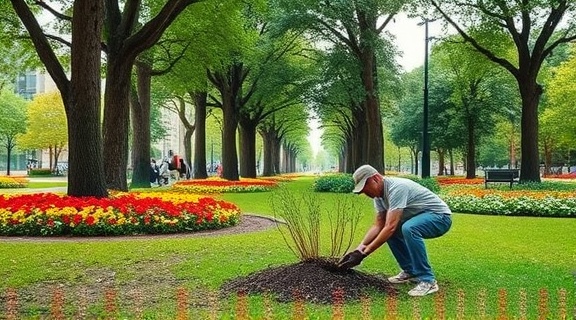 City park, serene, gardener planting new saplings, photorealistic, backdrop of tall trees and colorful flower beds, highly detailed, gentle wind rustling leaves, vibrant colors, diffused daylight, shot with an 85mm lens.