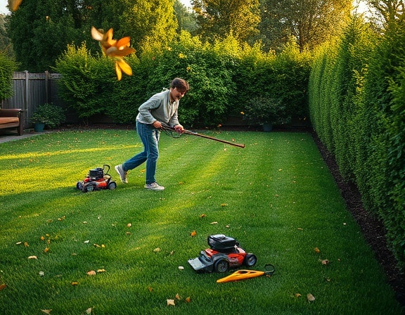 Backyard lawn, joyful, person trimming hedges, photorealistic, a tidy lawn with scattered clippings and garden tools, highly detailed, leaves falling in mid-air, rich green, golden hour lighting, shot with a 50mm lens.