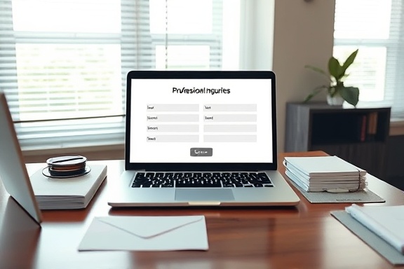 professional inquiries form, inviting, designed for business inquiries, photorealistic, located on a polished wooden desk with a laptop and stationery, highly detailed, animated text fields, neutral colors, natural daylight filtering through blinds, shot with a 35mm wide-angle lens.