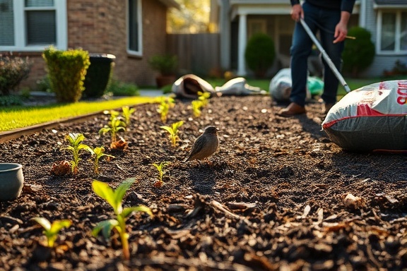 Residential yard, focused, worker mulching flower beds, photorealistic, mixture of mulch bags and sprouting plants, highly detailed, scattered birds and insects, earthy tones, morning light, shot with a 24mm lens.