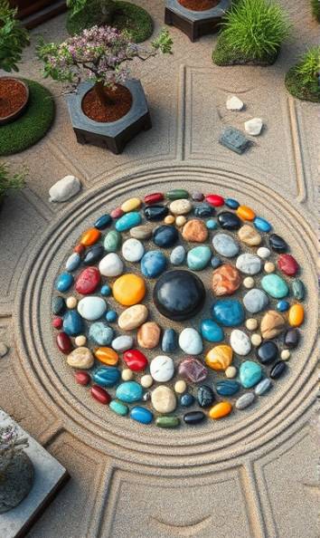 colorful decorative stones, arranged meticulously, forming an intricate design, photorealistic, in a zen garden surrounded by bonsai trees and sand raked patterns, highly detailed, presenting a mix of polished and rough textures, bird’s-eye view, multi-colored, soft afternoon light, shot with a wide-angle lens