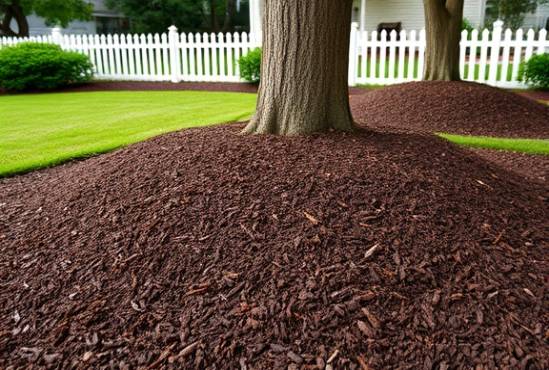 earth-toned mulch materials, spread out evenly, being applied around the base of trees, photorealistic, in a suburban backyard with a picket fence and lawn, highly detailed, showing mulch’s granular texture, close-up view, dark brown, diffused sunlight, shot with a telephoto lens