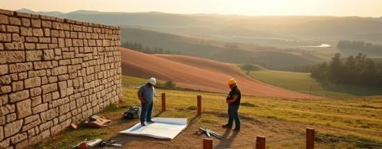 classic wall engineering, professionals inspecting, photorealistic, rural area with rolling hills, highly detailed, blueprints and tools scattered around, shot with an 85mm lens, earthy colors, morning sunlight