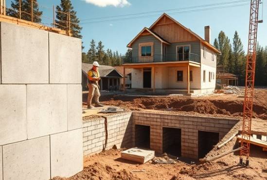 robust wall engineering, detailed inspection, photorealistic, residential construction site with freshly laid foundations and a partially built house, highly detailed, engineers with safety gear, shot with a 70mm lens, warm earthy tones, midday sun