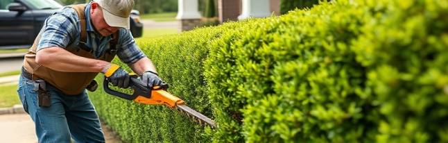 Professional landscaping maintenance, focused expression, trimming hedges with precision, photorealistic, well-kept suburban front yard with symmetrical plants, highly detailed, clippings falling to the ground, ultra-high resolution, natural colors, bright midday sunlight, shot with a telephoto lens.
