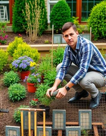 Expert gardens professional, determined expression, planting new saplings, photorealistic, organized garden with a mix of flowers and shrubs, highly detailed, soil scattered, 4K resolution, earthy tones, soft afternoon light, shot with a wide-angle lens.