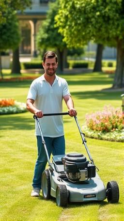 Commercial landscaping, satisfied expression, operating a lawnmower, photorealistic, spacious park with a well-manicured lawn and flower beds, highly detailed, freshly cut grass, 8K resolution, varied greens, dappled sunlight through trees, shot with a 35mm lens.