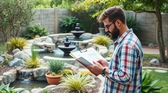 Skilled landscaping design, creative expression, sketching plans on a clipboard, photorealistic, attractive backyard with water features and decorative elements, highly detailed, wind rustling leaves, ultra-high resolution, soft pastel colors, diffused light, shot with a 50mm prime lens.