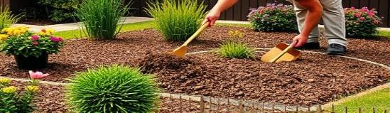 Dedicated landscaping maintenance, thoughtful expression, spreading mulch around plants, photorealistic, neat garden beds with seasonal flowers, highly detailed, mulch texture, 4K resolution, deep browns and greens, morning sunlight, shot with a tilt-shift lens.