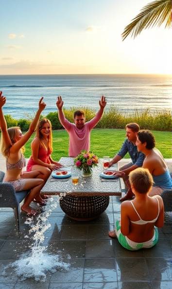 luxurious outdoor living, joyful, hosting a party, photorealistic, located in a seaside backyard with a view of the ocean, highly detailed, playful children and splashing water, 4K resolution, vibrant colors, golden hour lighting, shot with a 24mm lens.
