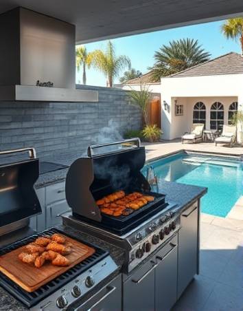 sleek backyard kitchen, content, grilling food, photorealistic, positioned in a modern backyard with a swimming pool, highly detailed, smoke wafting from the grill, HDR quality, blue-gray palette, mid-day lighting, shot with a 85mm lens.