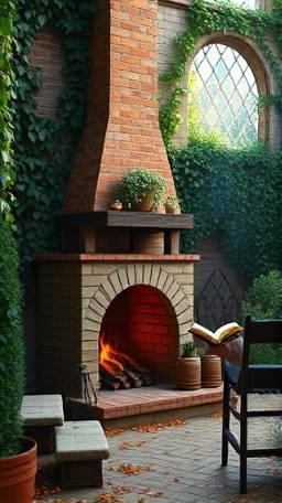traditional garden fireplace, peaceful, enjoying a book, photorealistic, nestled in a lush garden with ivy-covered walls, highly detailed, drifting autumn leaves, 2K resolution, warm brick hues, soft morning light, shot with a 35mm lens.