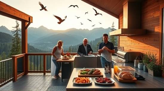 contemporary outdoor kitchen, cheerful, preparing a feast, photorealistic, set on a wooden deck with mountain views, highly detailed, birds flying overhead, ultra HD resolution, neutral tones, sunset lighting, shot with a 50mm lens.