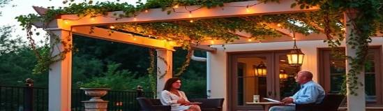 elegant outdoor living, relaxed, having a conversation, photorealistic, featuring a pergola with climbing plants and string lights, highly detailed, gentle wind moving the plants, 1080p resolution, pastel shades, twilight lighting, shot with a 24mm lens.