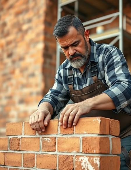 bricklayer at work, focused expression, laying bricks with precision, photorealistic, unfinished wall and scaffolding in the background, highly detailed, motion blur from moving hands, earthy tones, afternoon sunlight, shot with a 35mm lens